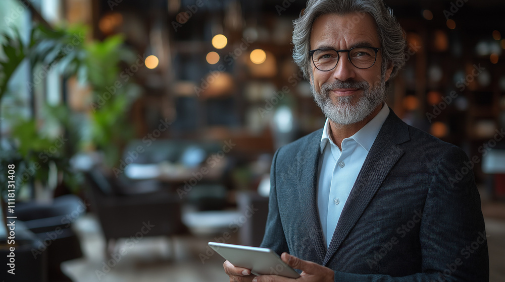 Mature man in eyeglasses with a tablet in hands Mature man in eyeglasses with a tablet in hands