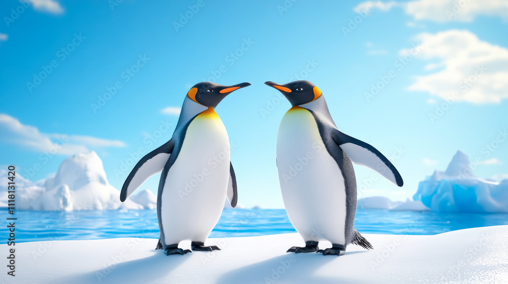 Obraz premium Penguins share a tender moment on a sunlit icy slope, highlighting their companionship amidst the serene winter landscape
