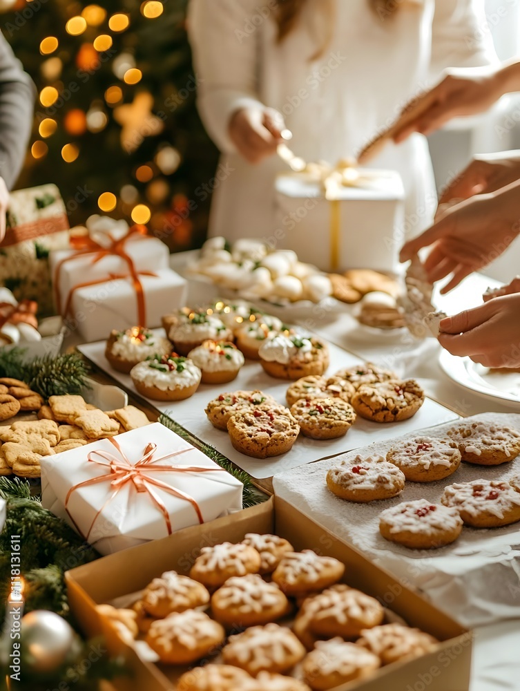 A festive table filled with decorated cookies and gifts, celebrating the holiday spirit. A festive table filled with decorated cookies and gifts, celebrating the holiday spirit.