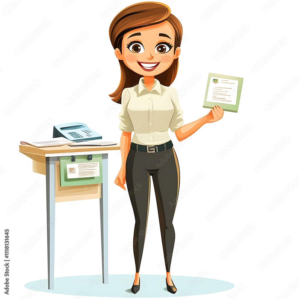 Cartoon receptionist handing out flyers on a white background Cartoon receptionist handing out flyers on a white background