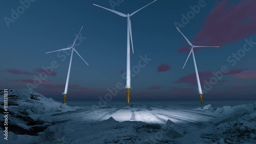 Night view of offshore wind farms in a snowy icy sea. Warning and marker lights of wind farms are burning in the icy desert. Operation of wind farms in winter conditions. Time lapse. 3D rendering.
