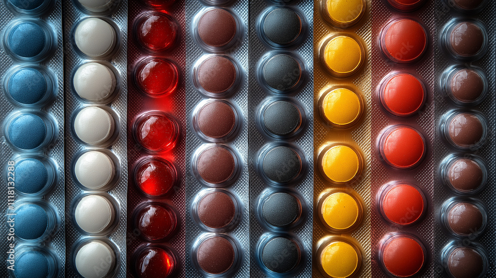 Health care concept. Checking medicine cabinet pills for expired medicines. Expiration date is indicated on packages of medicines. Pile of pills on table. Medicines background. Flat lay, close-up