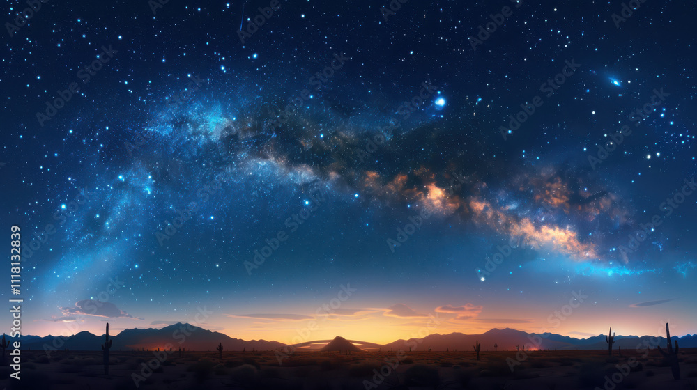 Naklejka premium Captivating night sky filled with stars tranquil desert landscape image environment milky way concept