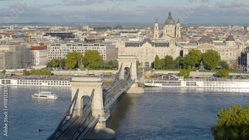 Budapest panoramic aerial skyline view of the famous Chain Bridge, Sz�chenyi Chain Bridge, St. Stephen's Basilica and river boats on the Danube on a sunny day