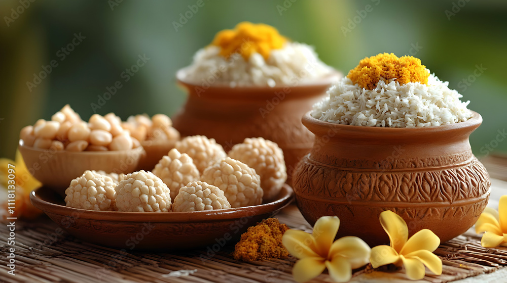 Traditional Pongal Utensils Macro concept as Macro shot of traditional Pongal utensils like clay pots and serving plates highlighting craftsmanship and cultural significance captured in a realistic se