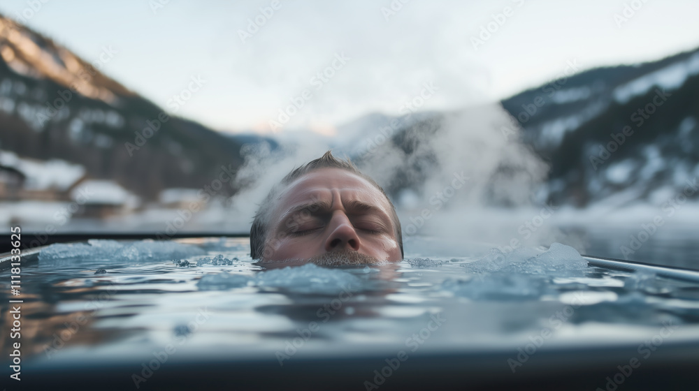 Fototapeta premium Man relaxing in a hot tub with a mountain view