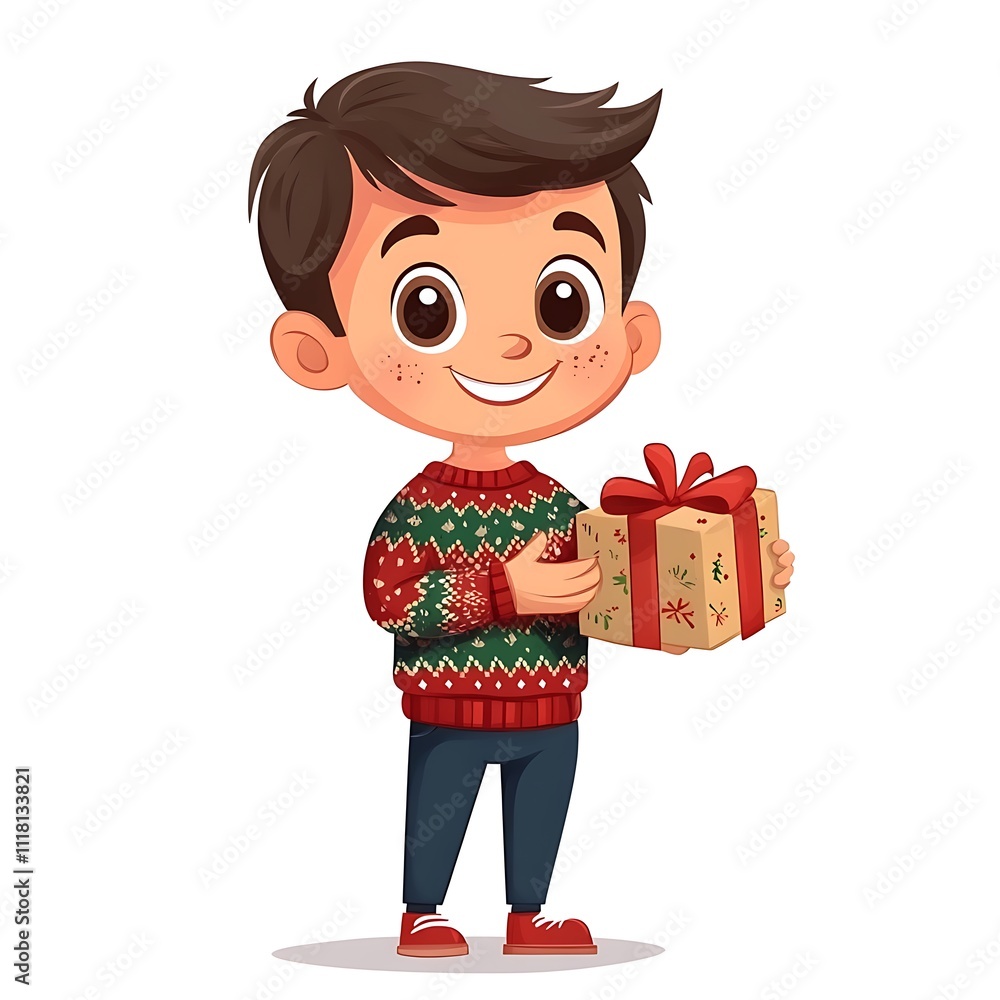 Cartoon Boy in Christmas Sweater, Holding Wrapped Gift on a White Background Cartoon Boy in Christmas Sweater, Holding Wrapped Gift on a White Background