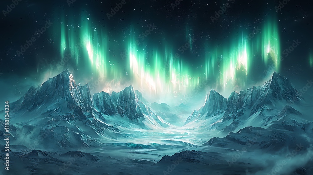 Naklejka premium A breathtaking view of the Aurora Borealis illuminating a snow-covered mountain range in a vast, frozen landscape.