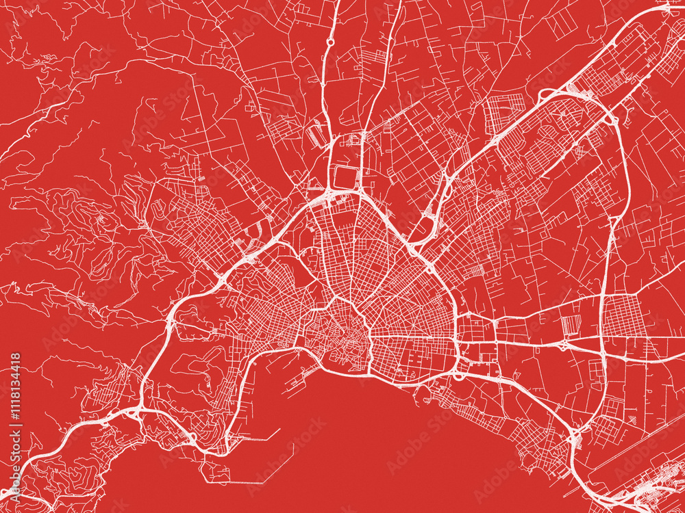 Fototapeta premium Christmas Map of Palma de Mallorca, Spain in Snowy White on Festive Red Background.