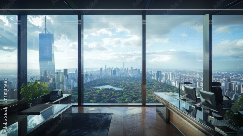 Fototapeta premium Transforming workspaces futuristic office design urban skyline visual content modern environment panoramic view advanced technology concept