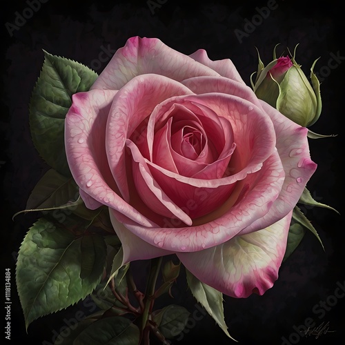 Close-up pink rose flower with raindrops on petals, full frame. Rosa odorata photo