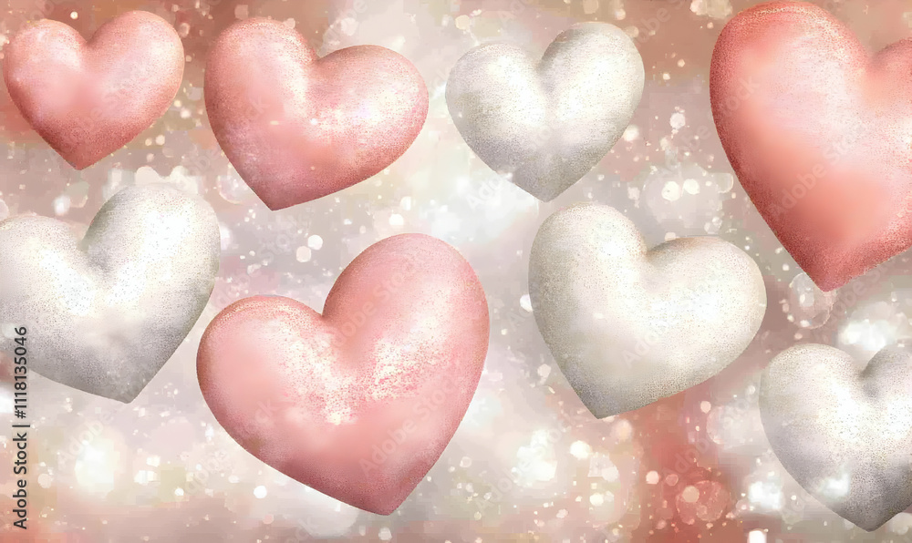 Fototapeta premium Sparkling rose gold and silver hearts on a bokeh background, perfect for Valentine's Day, romantic designs, or wedding invitations.
