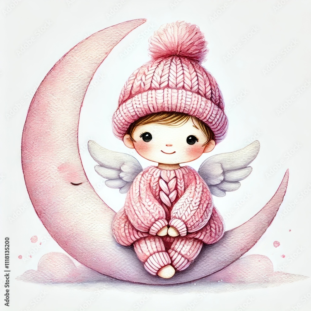 Fototapeta premium A cute angelic child character in a cozy pink outfit sitting on the moon, embodying innocence and charm.