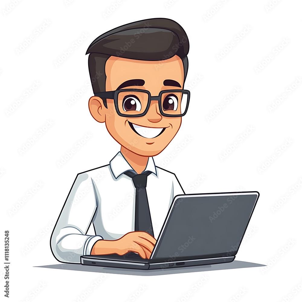 Cartoon sales guy wearing glasses, smiling while working on a laptop on a white background.