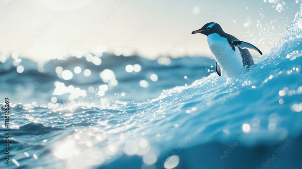 Fototapeta premium Penguin surfing on a sparkling ocean wave
