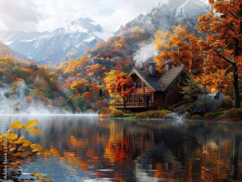 Fototapeta premium Inviting autumn escape serene lakeside cabin surrounded by fiery foliage and curling smoke nature's peaceful retreat