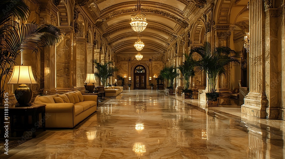 Fototapeta premium A grand, ornate hallway with marble floors, columns, and chandeliers.