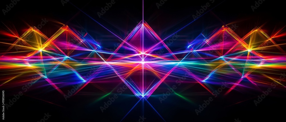 Abstract light refraction and prism reflections creating vivid, colorful shapes and patterns on a dark background, blending geometric forms with vibrant neon light effects Abstract light refraction and prism reflections creating vivid, colorful shapes and patterns on a dark background, blending geometric forms with vibrant neon light effects