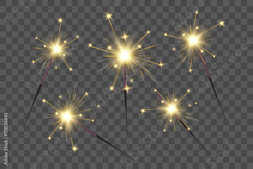 Christmas bengal light set. Realistic sparkler lights isolated on transparent background. Festive bright fireworks. Element of decorations for celebrations and holidays. Vector illustration