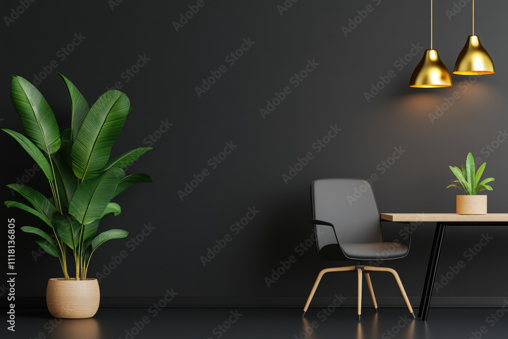 Modern office interior design featuring a dark room, potted plants, golden ceiling lights, and sleek furniture for a contemporary workspace ambiance Modern office interior design featuring a dark room, potted plants, golden ceiling lights, and sleek furniture for a contemporary workspace ambiance