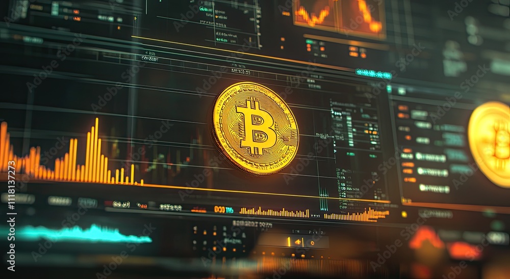 A gold coin with the Bitcoin logo is in focus, surrounded by other coins and stock charts on an electronic screen displaying market data. A gold coin with the Bitcoin logo is in focus, surrounded by other coins and stock charts on an electronic screen displaying market data.