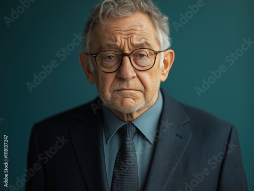 Senior business executive looks unhappy, disappointed. CEO appears frustrated, isolated against solid blue backdrop. Facial expression shows dissatisfaction, regret. Wears suit, tie. Possible