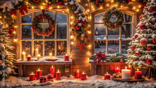 Captivating Low Light Photography of Red and White Christmas Decorations Illuminating Home Windows for a Festive Merry and Bright Atmosphere