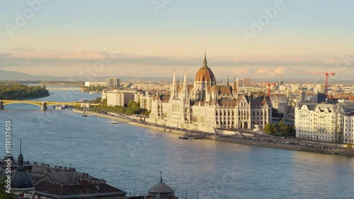 Scenic view of the Parliament and the bridges over the Danube in Budapest, Hungary, Europe at sunset