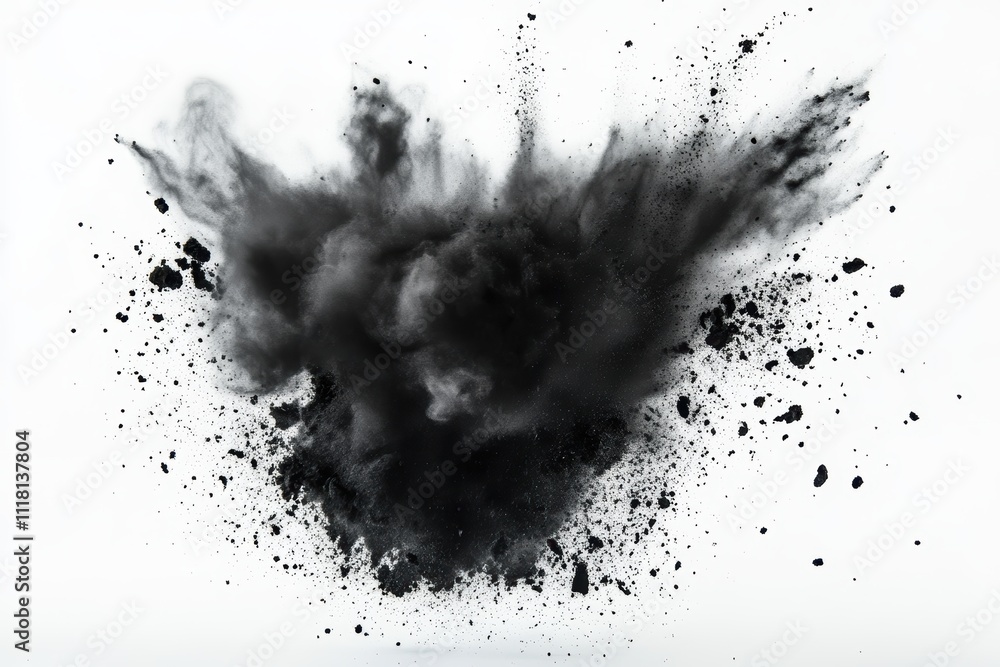 Black powder exploding on a white background Black powder exploding on a white background