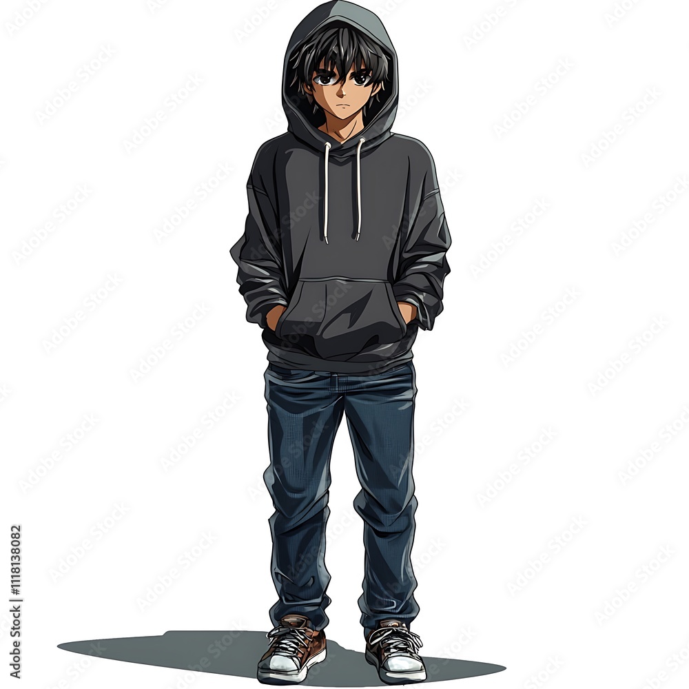 Naklejka premium Anime teenage boy in a hoodie and jeans on a white background