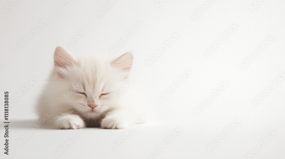 Adorable white fluffy kitten sleeping peacefully on a clean, white background, exuding calmness and tranquility. Adorable white fluffy kitten sleeping peacefully on a clean, white background, exuding calmness and tranquility.