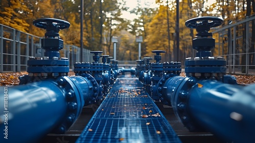 Wallpaper Mural Symmetrical perspective of industrial dark blue gas pipelines with valves against forest backdrop, showcasing engineering infrastructure under clear blue sky. Torontodigital.ca