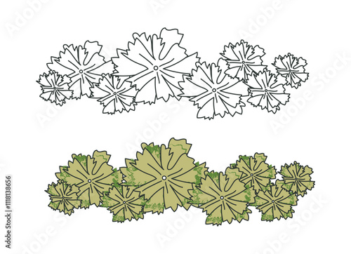 Group trees architectural top view. Bushes and trees with green leaves. Hand drawn sketch. Template for creating forests and gardens. Flat vector illustration
