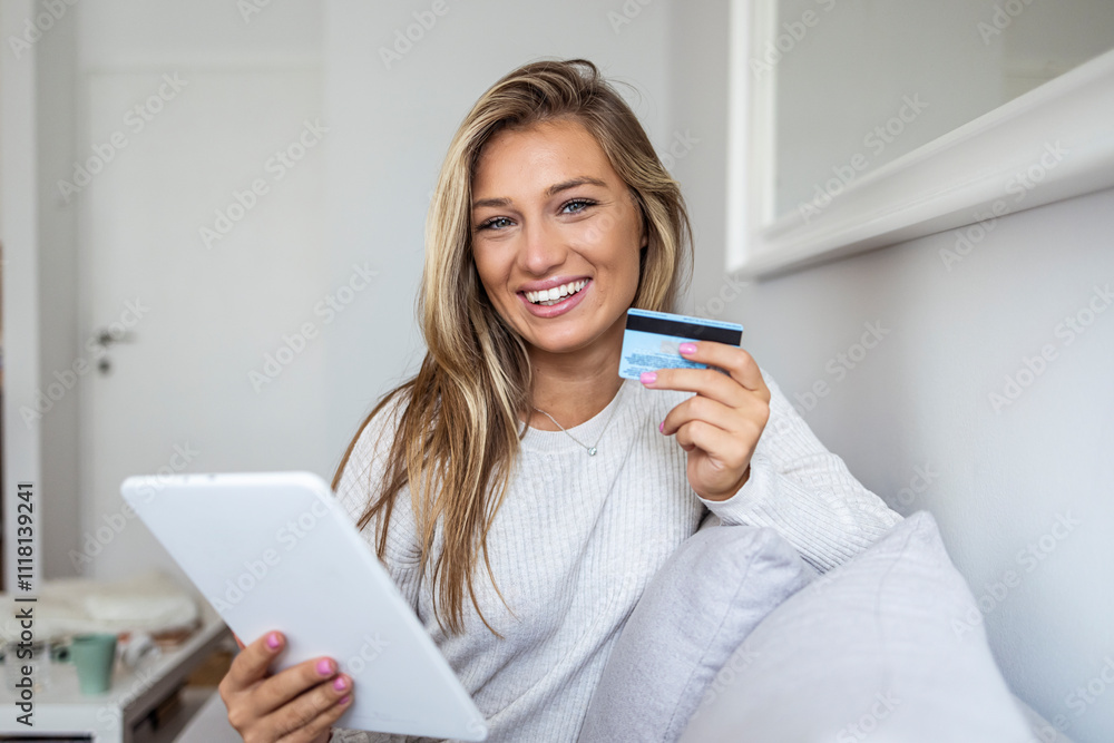 Smiling Woman Shopping Online With Tablet And Credit Card At Home