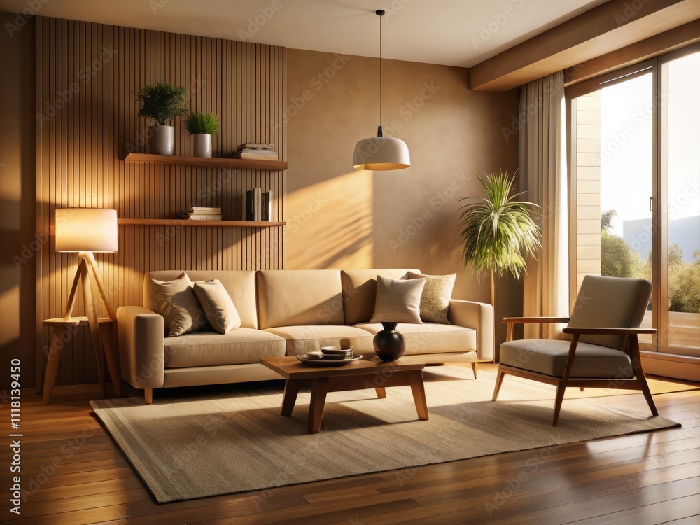 Fototapeta premium Elegant Silhouette Photography of a Modern Living Room Featuring Beige Furniture and Wooden Accents, Capturing a Cozy and Stylish Atmosphere for Home Decor Inspiration