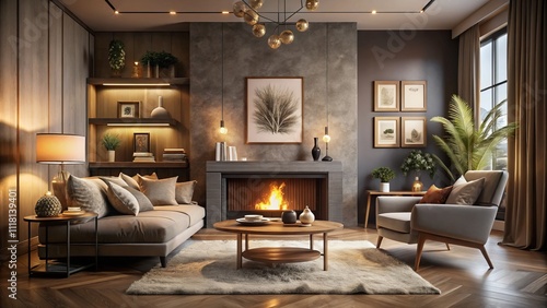 Wallpaper Mural Elegant Mockup Frame for Wall Decoration in a Modern Room Featuring a Cozy Fireplace and Luxurious Furniture, Ideal for Night Photography with Soft Lighting Torontodigital.ca