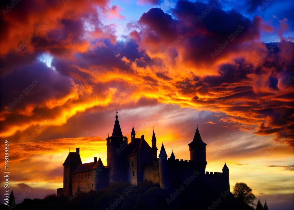 Enchanting Silhouette of a Majestic Castle Against a Dusk Sky in Conceptual Photography for Evocative and Dreamy Imagery Enchanting Silhouette of a Majestic Castle Against a Dusk Sky in Conceptual Photography for Evocative and Dreamy Imagery