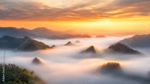 The sky is orange and the mountains are covered in fog