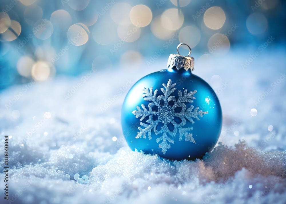 Fototapeta premium Festive Blue Ornament with Snowflake Design on Snowy Surface Capturing the Joy of Winter Celebrations in Long Exposure Photography