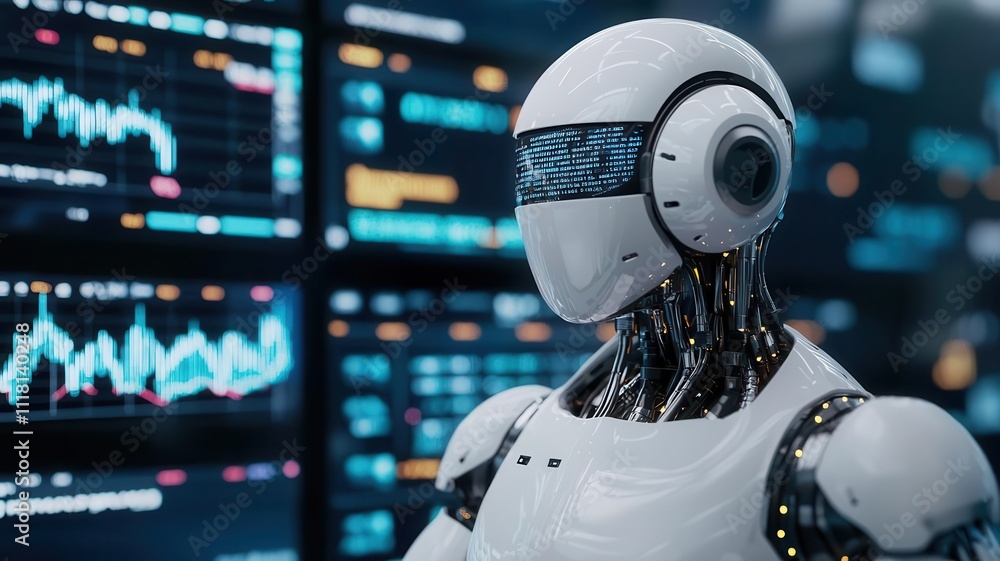 AI-powered robot analyzing stock data on multiple screens, fintech technology ecosystem in action AI-powered robot analyzing stock data on multiple screens, fintech technology ecosystem in action