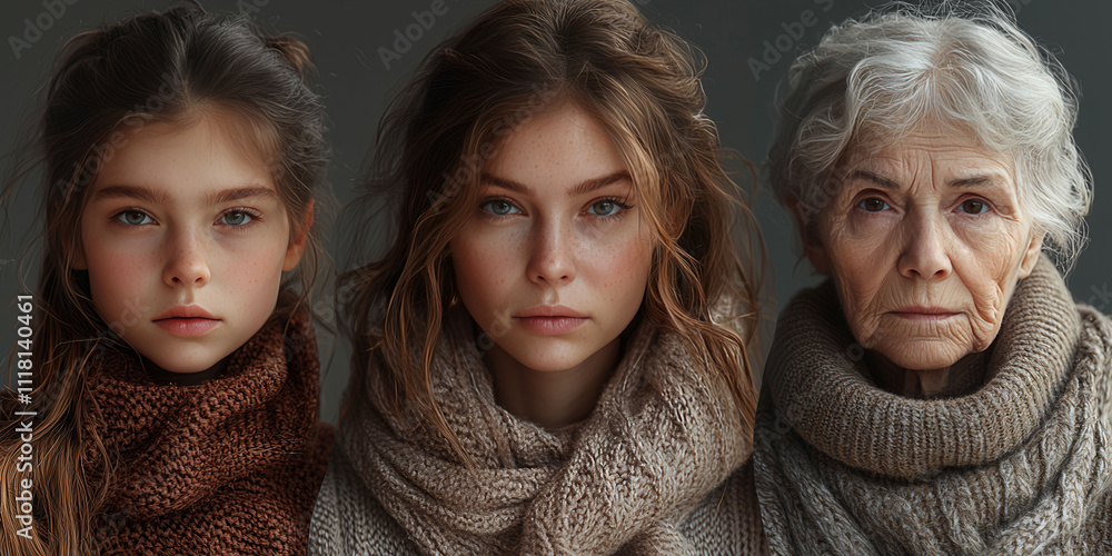 Three women of different ages are shown in a photo. The young woman is wearing a brown scarf, while the older woman is wearing a gray scarf. The middle woman has a blue scarf Three women of different ages are shown in a photo. The young woman is wearing a brown scarf, while the older woman is wearing a gray scarf. The middle woman has a blue scarf