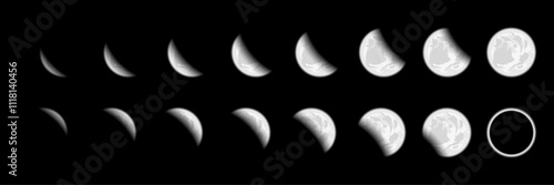 Moonlight Collection: Realistic Vector Illustrations of Crescent Phases, Lunar Eclipses, Astronomy Science, and Night Sky Elements. Vector.