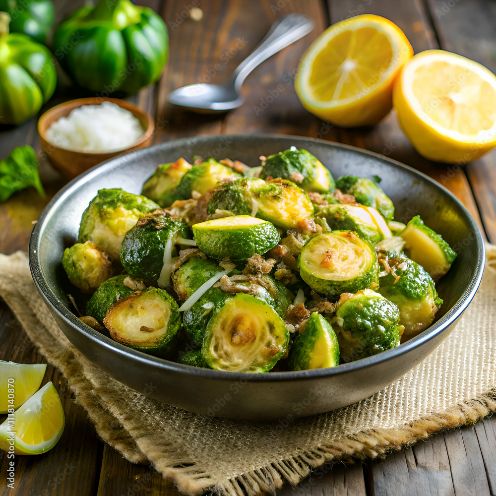 A close-up of a bowl of roasted brussels sprouts. A close-up of a bowl of roasted brussels sprouts.