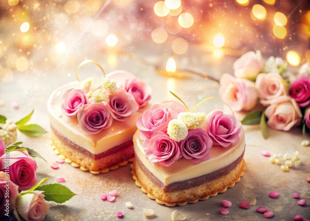 Heart-Shaped Cakes in Double Exposure with Romantic Elements and Space for Text - Perfect for Love Themes and Celebrations Heart-Shaped Cakes in Double Exposure with Romantic Elements and Space for Text - Perfect for Love Themes and Celebrations