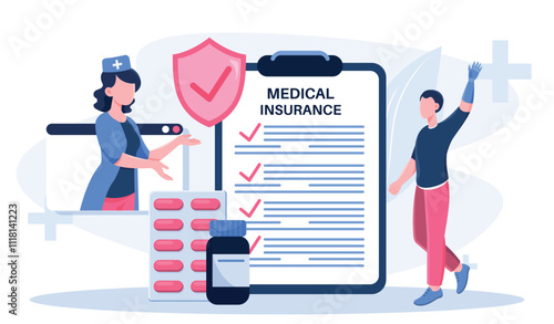 Medical insurance online. Man with prosthetic arm and woman near medical document. Healthcare and medicine. Agreement and contract. Flat vector illustration