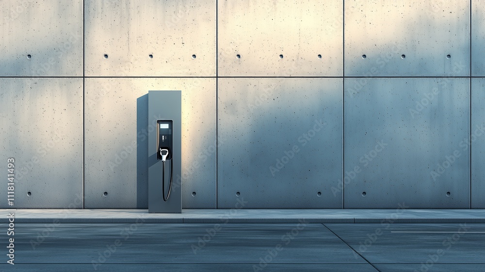 Modern Electric Vehicle Charging Station Against Concrete Wall Modern Electric Vehicle Charging Station Against Concrete Wall