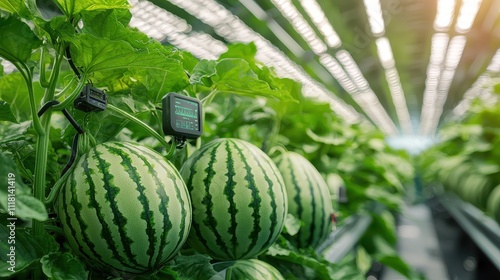 Greenhouse Watermelon Concept, Greenhouse Environment Showcasing Innovative Bio Tech with Watermelon Plants in Lush Growth Conditions photo