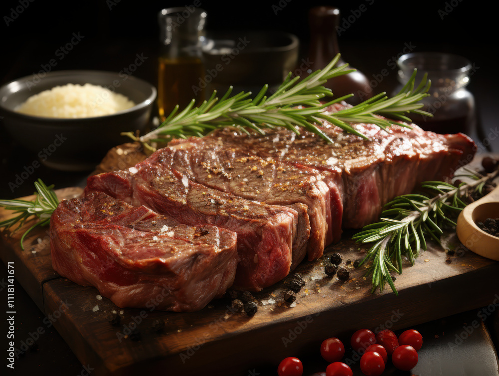 Chef preparing dry-aged porterhouse with deep red center in professional kitchen environment soft focus Chef preparing dry-aged porterhouse with deep red center in professional kitchen environment soft focus