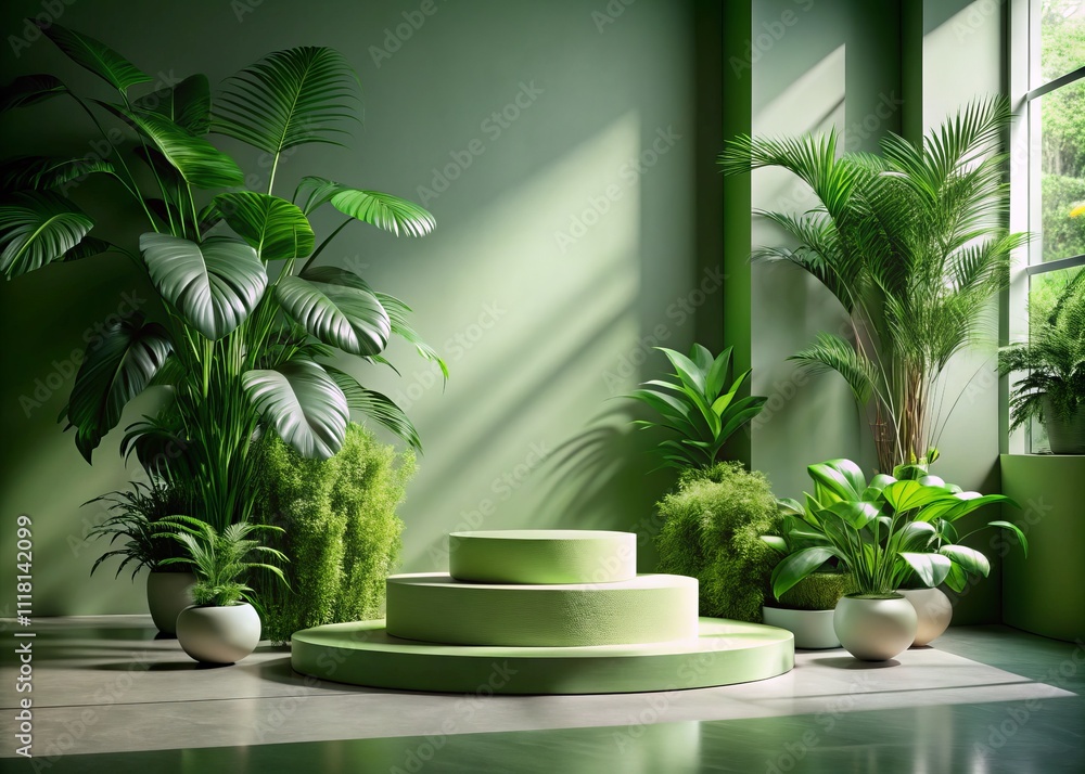 Minimalist Green Podium with Plants in Natural Light - Modern Architectural Photography for Presentations and Displays, Showcasing Clean Design Elements and Serene Ambiance Minimalist Green Podium with Plants in Natural Light - Modern Architectural Photography for Presentations and Displays, Showcasing Clean Design Elements and Serene Ambiance
