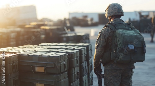 Soldier standing with a backpack and a rifle in front of a pile of boxes